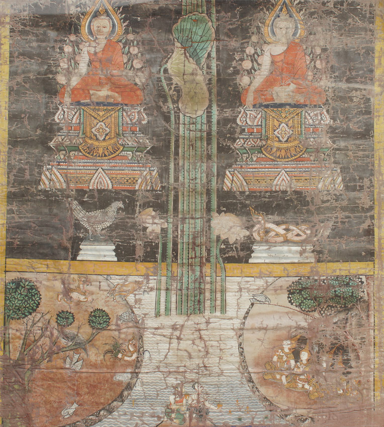 Appraisal: THAI POLYCHROME AND GILT PAINTED THANKA Painted with two figures