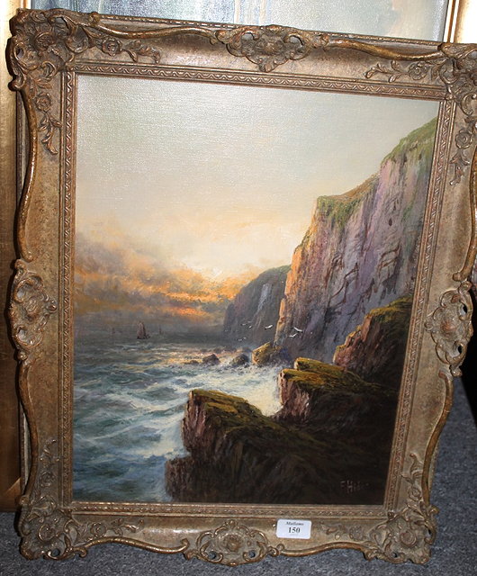 Appraisal: Frank Hider British - Waves crashing into cliffs under evening