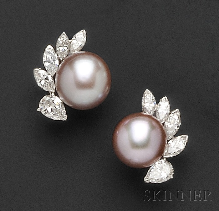 Appraisal: Platinum Freshwater Pearl and Diamond Earclips each set with a