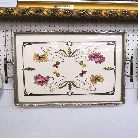 Appraisal: Art Nouveau Serving Tray floral on pottery metal frame handled