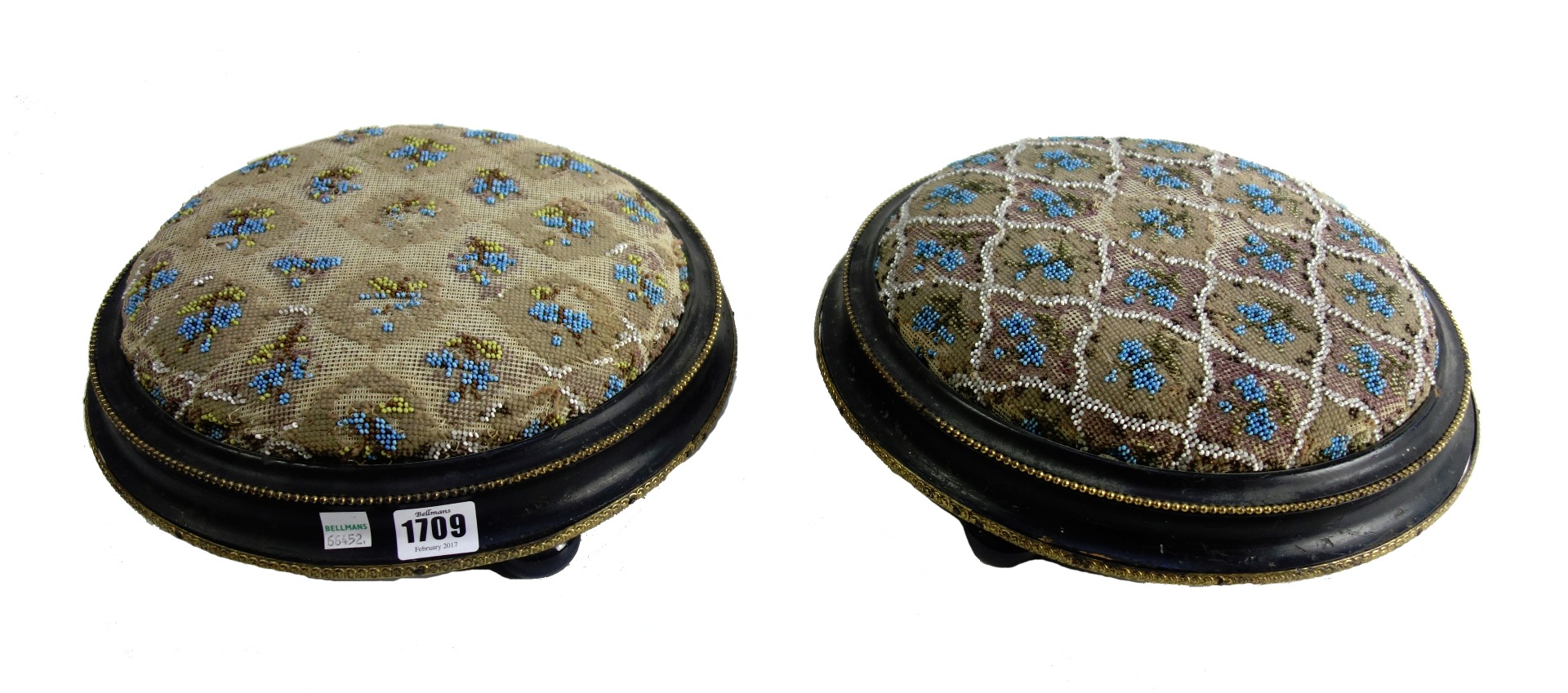 Appraisal: A pair of Victorian ebonised circular footstools with bead work