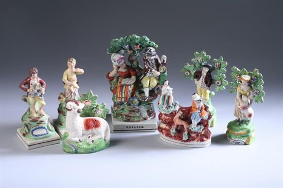 Appraisal: SEVEN STAFFORDSHIRE POTTERY FIGURES th century Including a group entitled