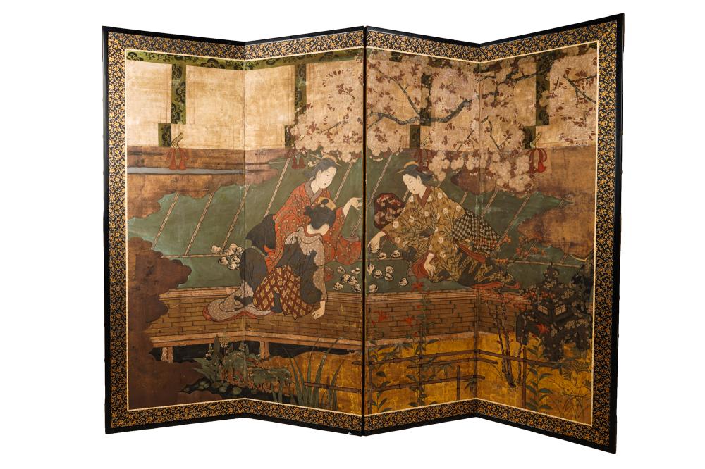 Appraisal: JAPANESE PAINTED FOUR-PANEL SCREENdepicting ladies playing a game each panel