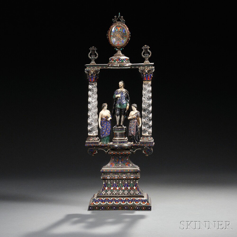 Appraisal: Silver Enamel and Rock Crystal Figural Architectural Clock Continental th