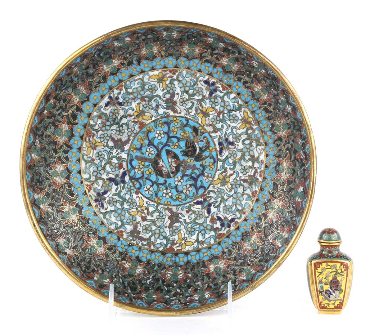 Appraisal: Chinese cloisonne enamel bowl and snuff bottle th and th