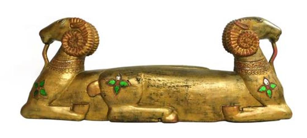 Appraisal: Egyptian-style wood carving of two rams laying opposite each other