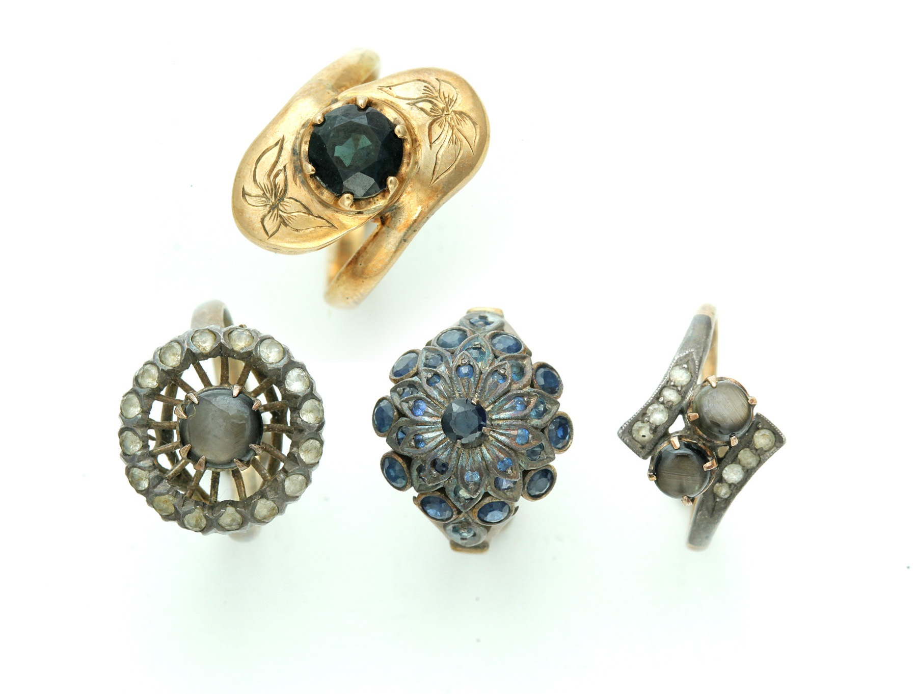 Appraisal: FOUR RINGS WITH GEMSTONES American and European Gold filled and