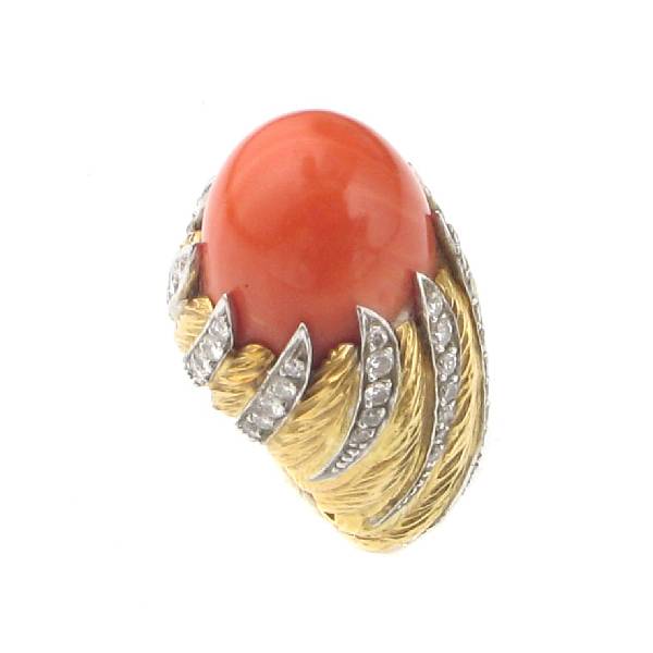 Appraisal: A coral diamond and k gold ring English centering one