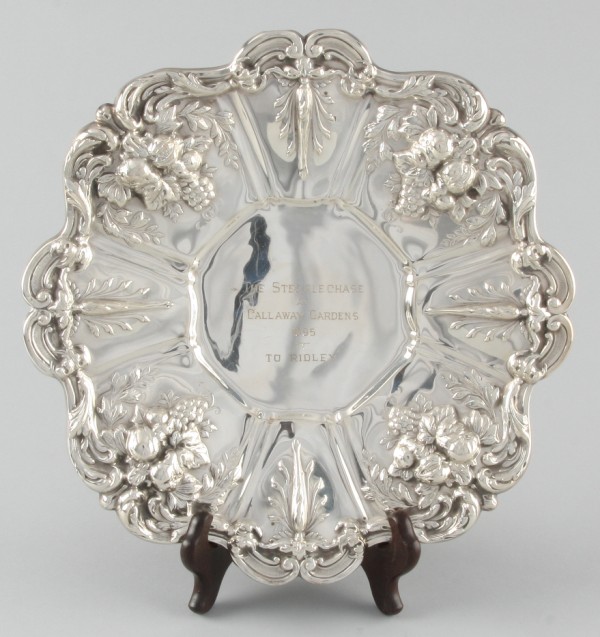 Appraisal: Sterling presentation plate features fruit motif decorative border inscribed The