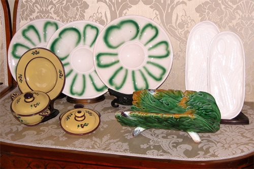 Appraisal: Title Continental Majolica Asparagus Stand with Italian Ceramic Artichoke Plates