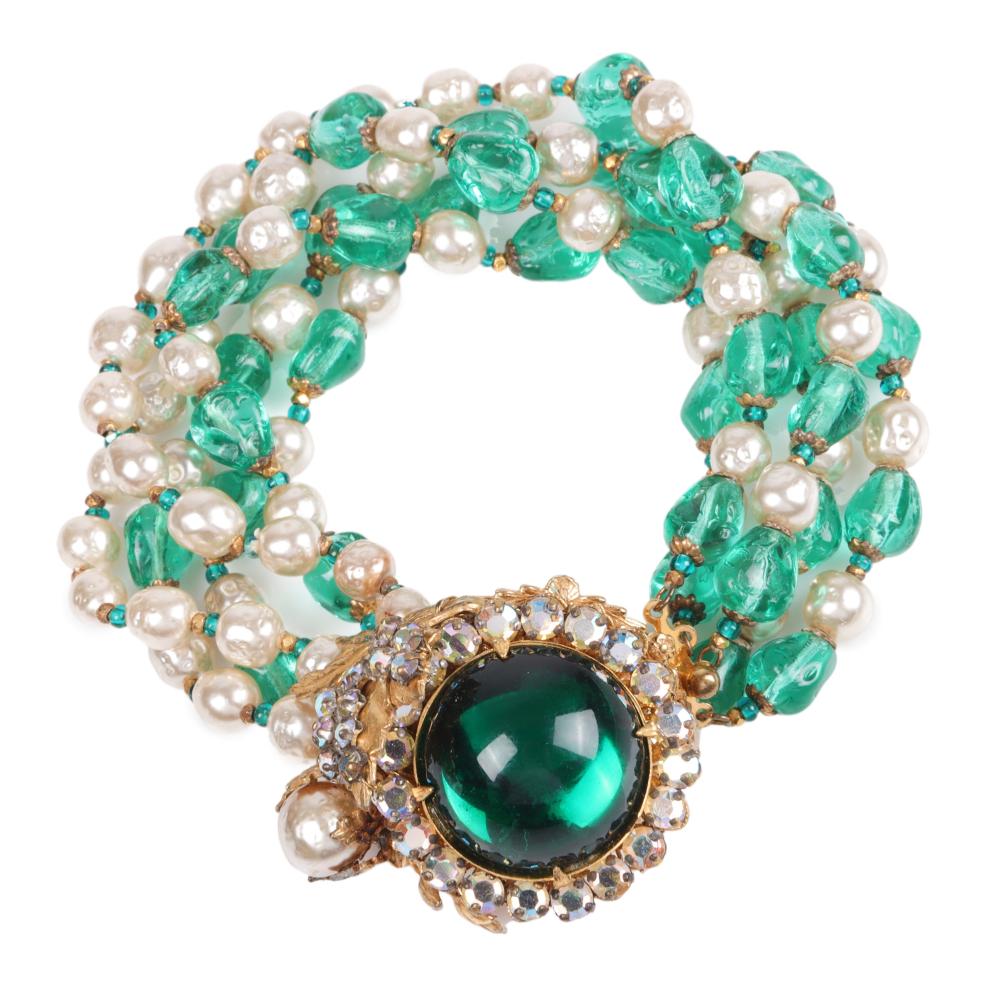 Appraisal: MIRIAM HASKELL MULTI STRAND GREEN GLASS AND FAUX PEARL BEAD