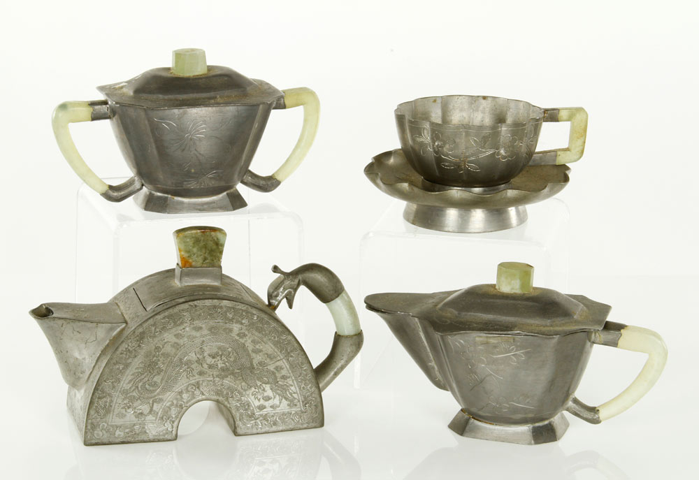 Appraisal: - Chinese Tea Set Four pieces of pewter and jade