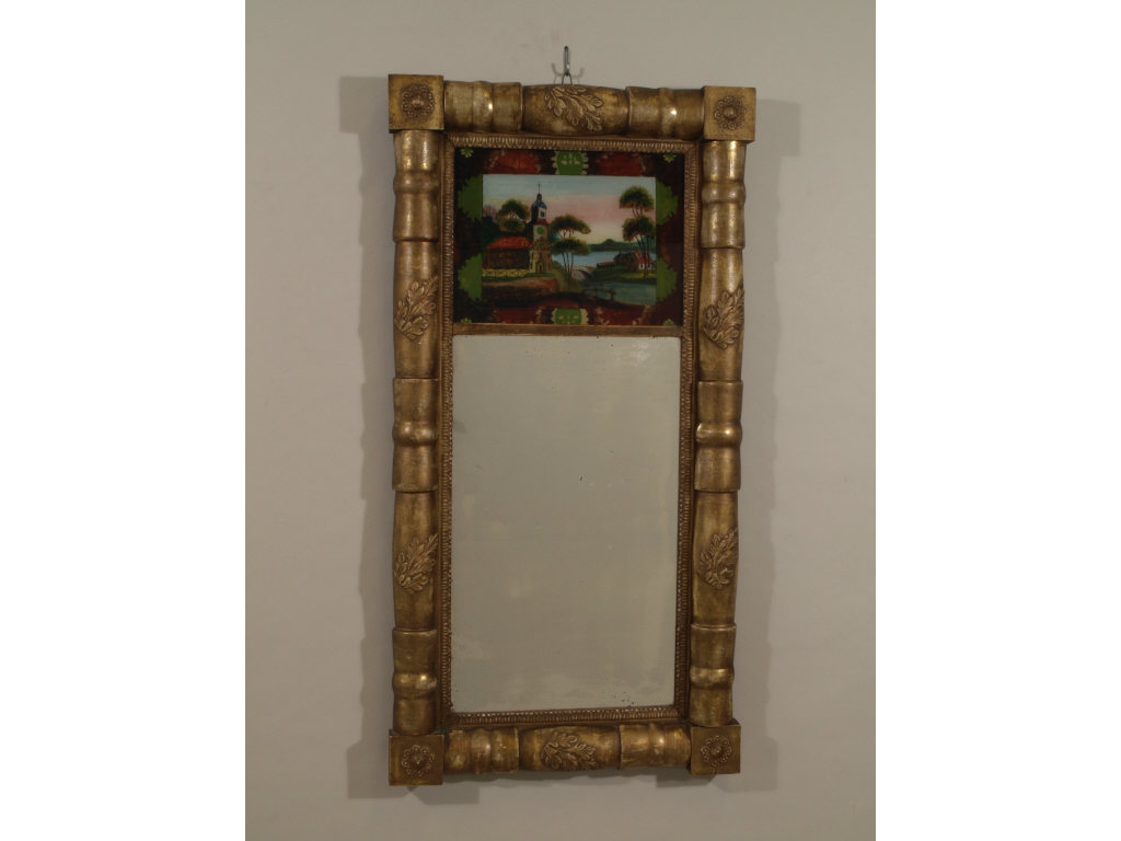 Appraisal: American Eglomise Wall Mirror c gilded frame of half turned