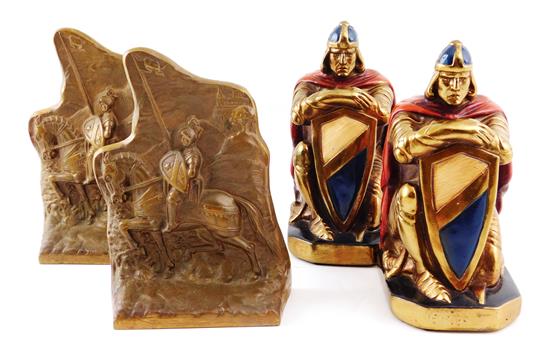 Appraisal: Two pairs bronze knight themed bookends featuring Marion Bronze pair