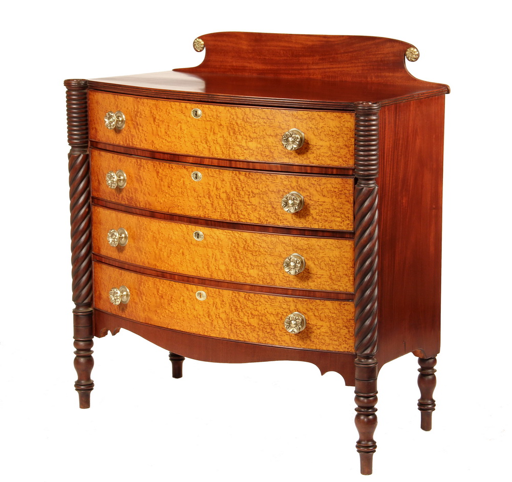 Appraisal: SHERATON BOWFRONT CHEST - Mahogany Bird's-eye Maple Four-Drawer Dresser overhanging