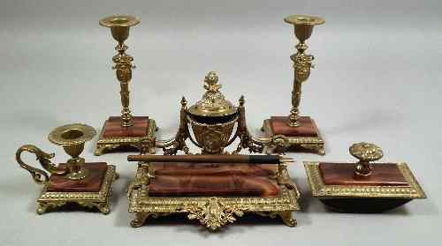 Appraisal: A red onyx and gilt metal desk set of French