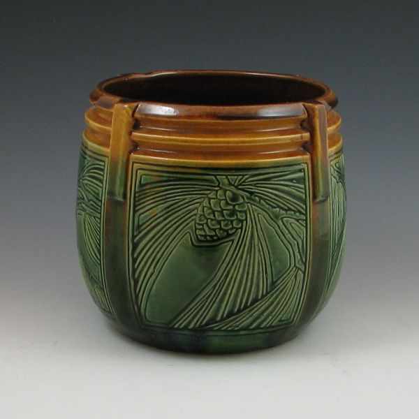 Appraisal: Weller blended glaze jardiniere with pine cones Marked WELLER in