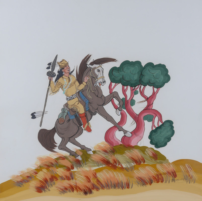 Appraisal: TSINAJINNIE Andy American - Indian Warrior on Horseback Gouache sight