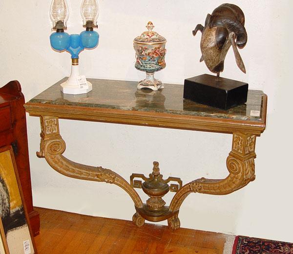 Appraisal: ITALIAN MARBLE TOP CONSOLE TABLE Carved supports meet at the