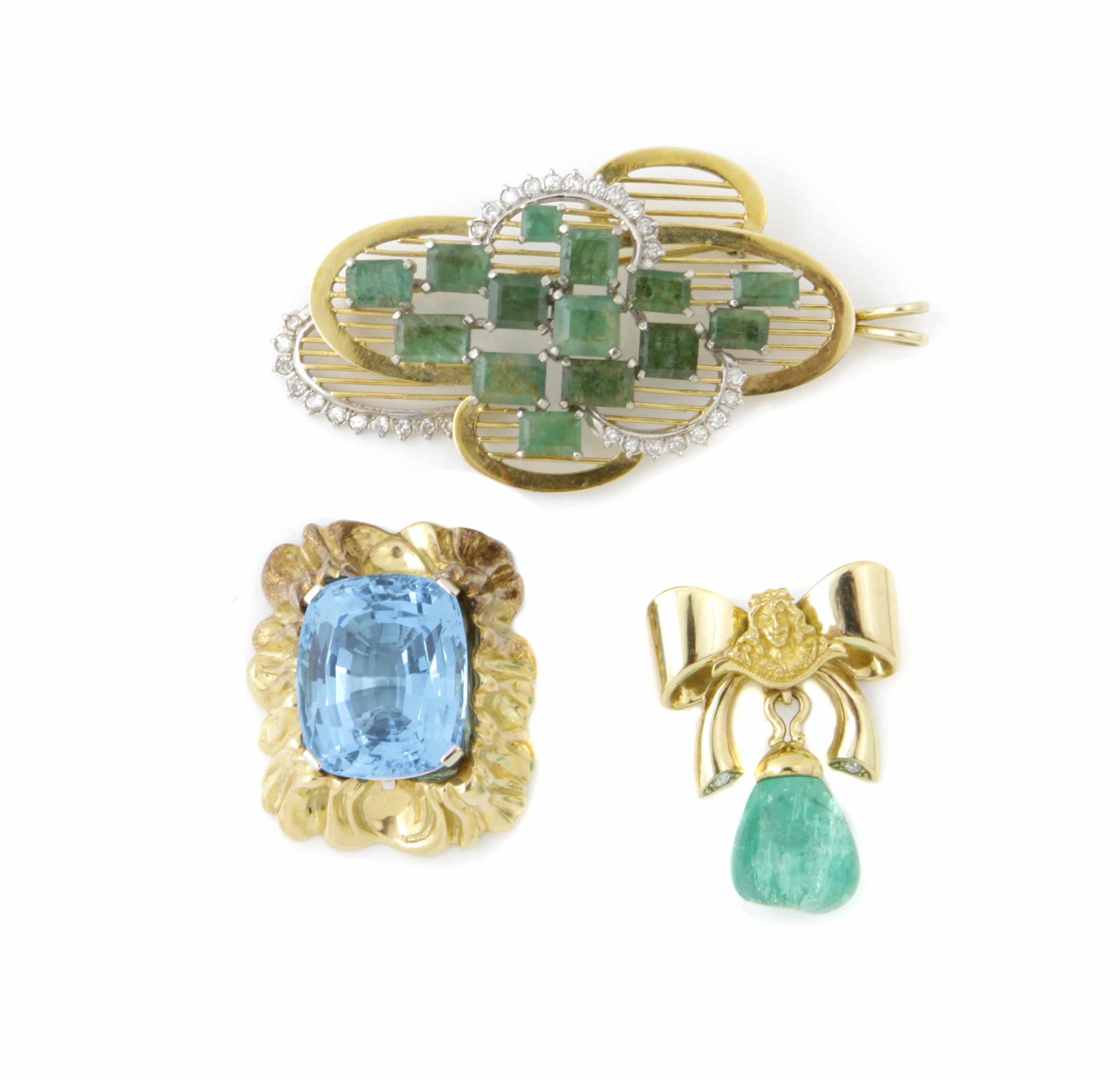 Appraisal: A collection of three gem-set diamond and bicolor gold pendants