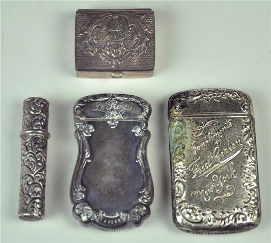 Appraisal: Four Silver Containers Early th Century Two silverplate match safes