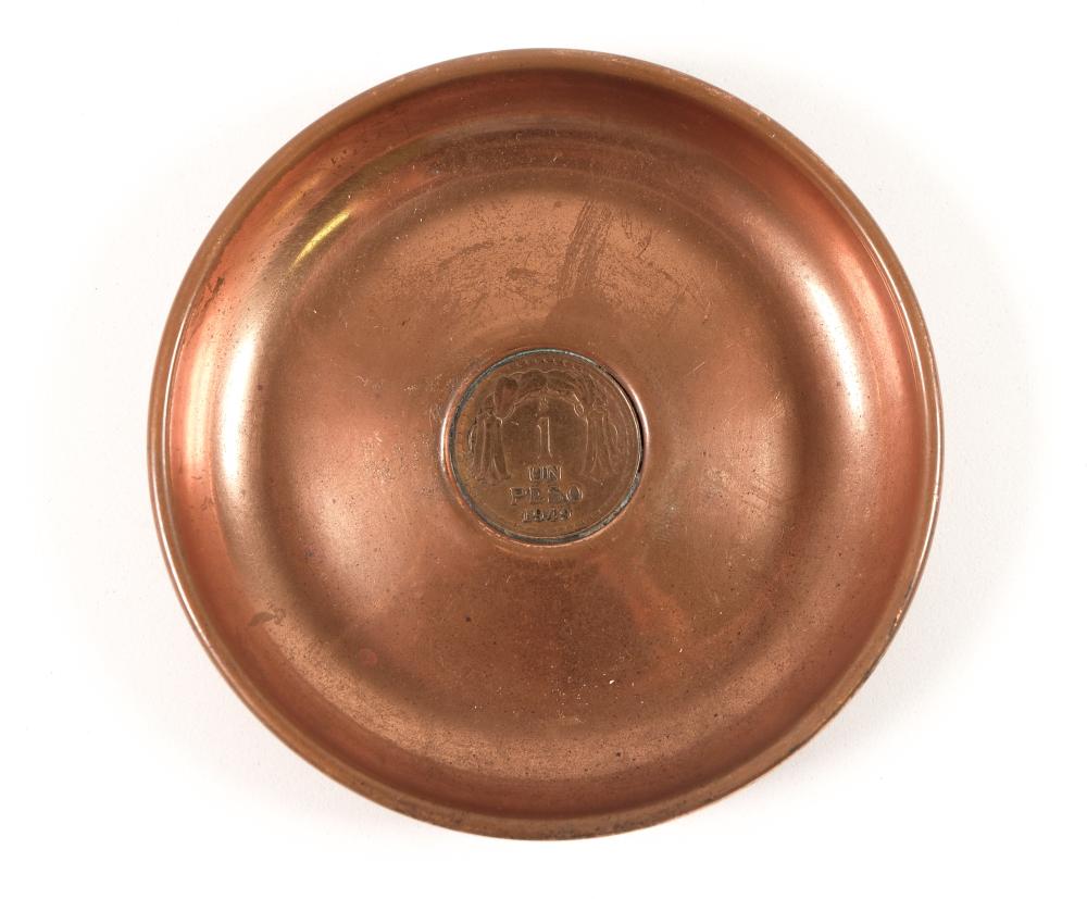 Appraisal: Chilean copper coin trinket pin dish coin value flanked by