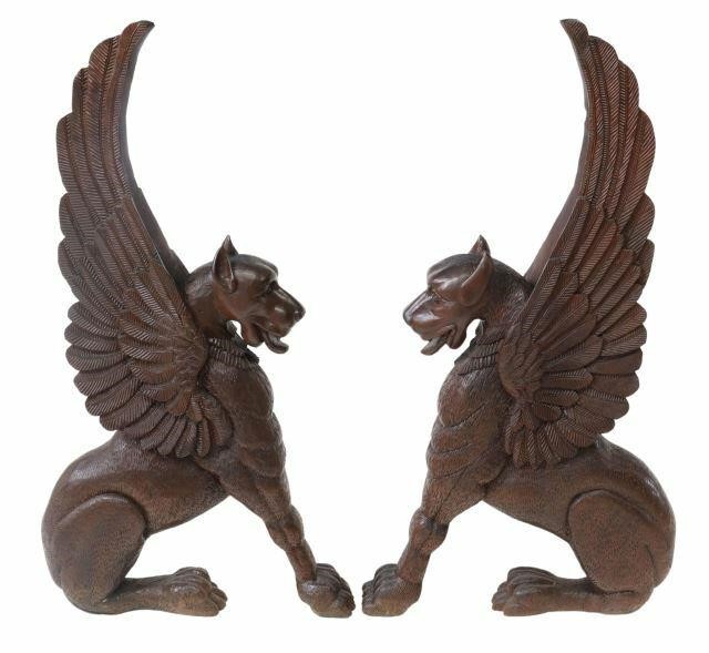 Appraisal: lot of Carved mahogany figural griffin architectural elements depicted seated