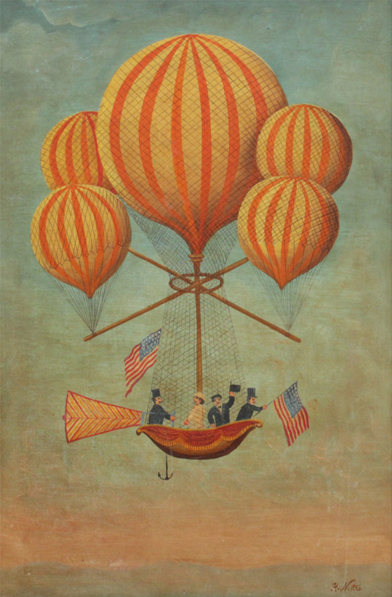 Appraisal: BALLOONING PAINTING WITH AMERICAN FLAGS SIGNED NITTRO Oil Board ''