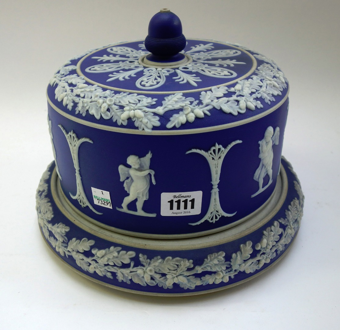 Appraisal: A blue Jasper cylindrical cheese dome and stand perhaps Dudson