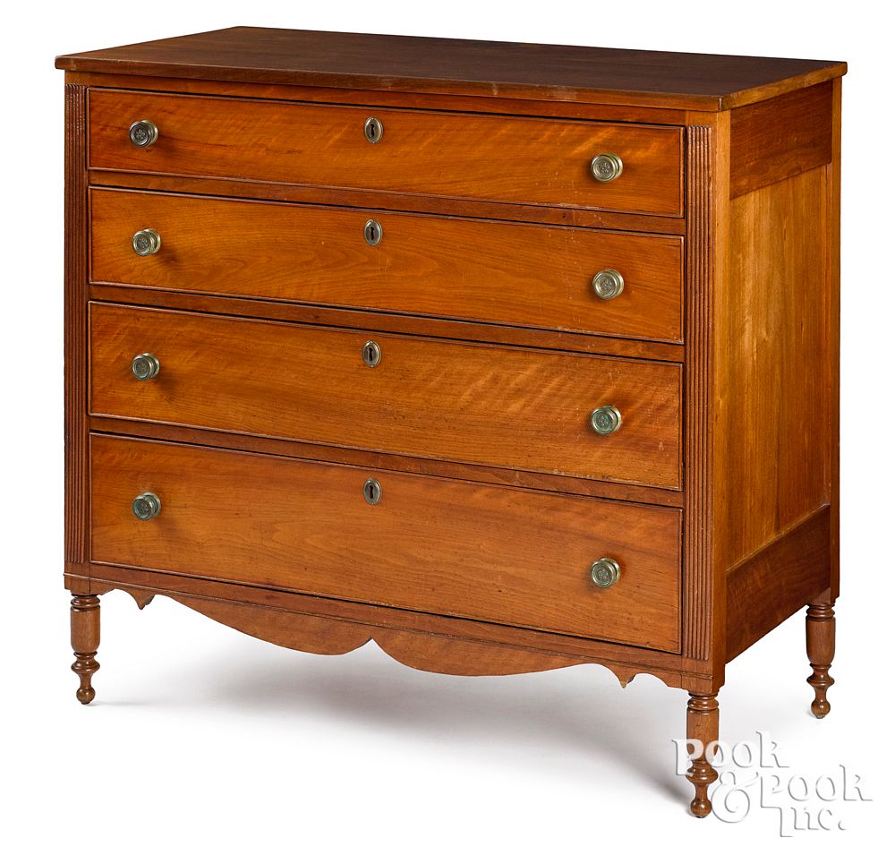 Appraisal: Sheraton tiger walnut chest of drawers Pennsylvania or Maryland Sheraton