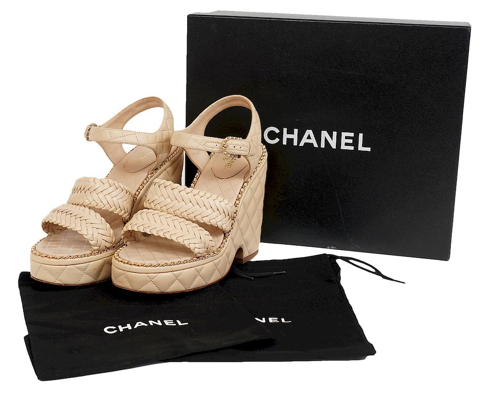 Appraisal: Chanel Calfskin Platform Quilted Sandals Sz Chanel beige CC quilted