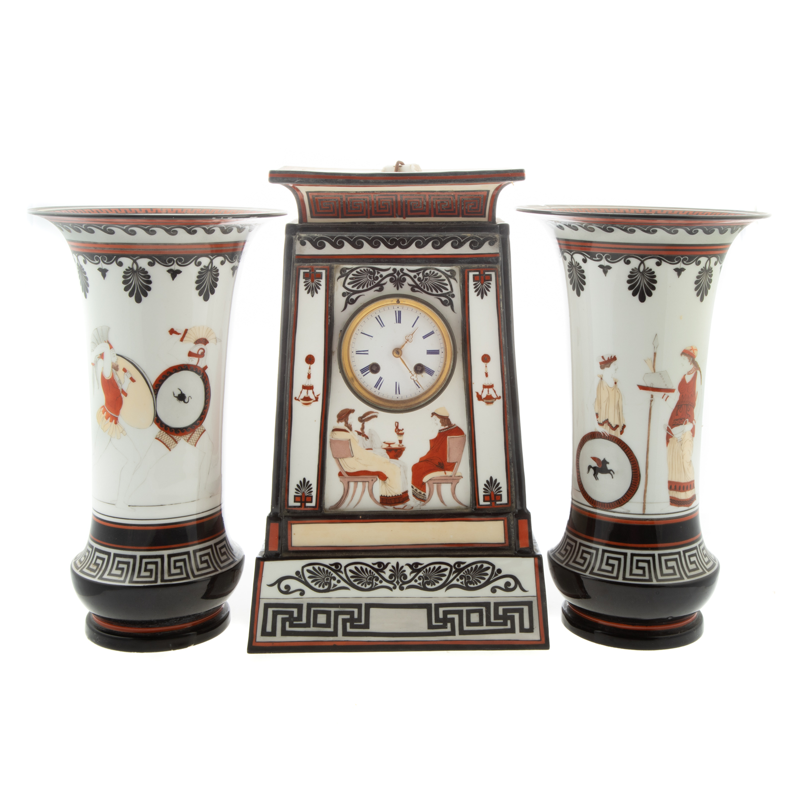 Appraisal: FRENCH NEO ETRUSCAN PORCELAIN CLOCK GARNITURE Circa - porcelain cased