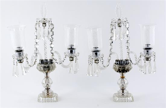 Appraisal: Pair crystal two-light candelabra late th century flame finial supported