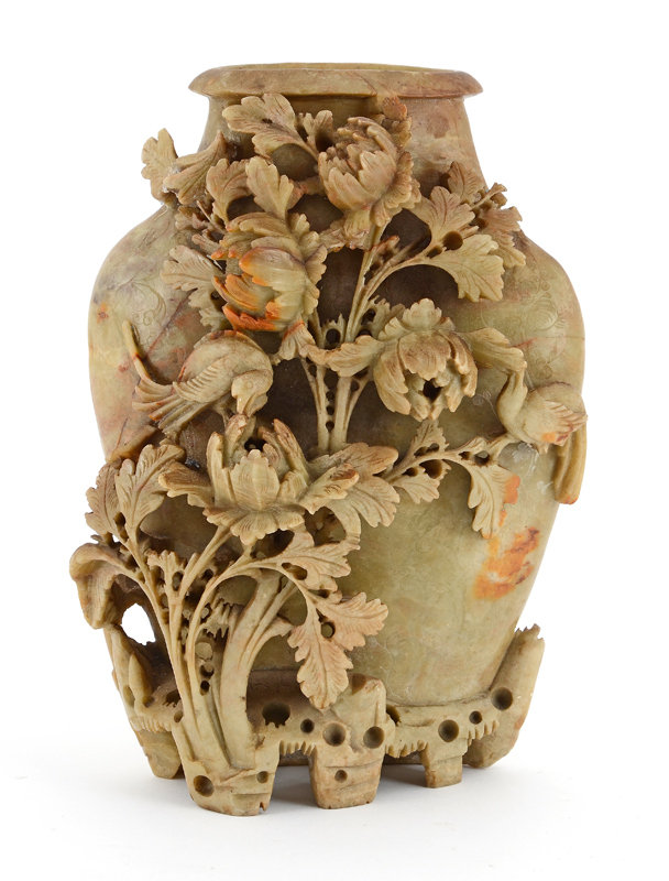 Appraisal: CARVED CHINESE SOAPSTONE VASE Carved with floral motifs '' x