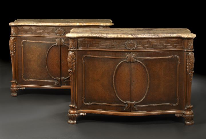 Appraisal: Pair of Irish Georgian-Style Mahogany and Marble-Top Cabinets th century