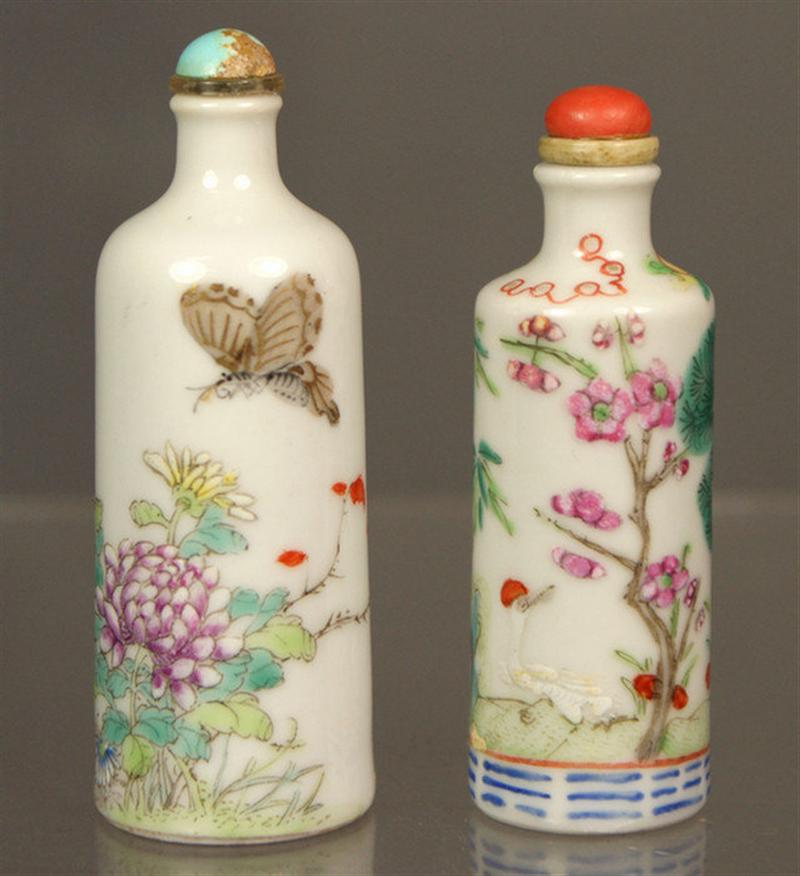 Appraisal: Famille Verte porcelain snuff bottles each with enameled floral landscape