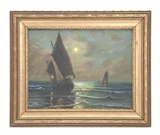 Appraisal: L E Tayler th century Moonlit Sailboats oil on board