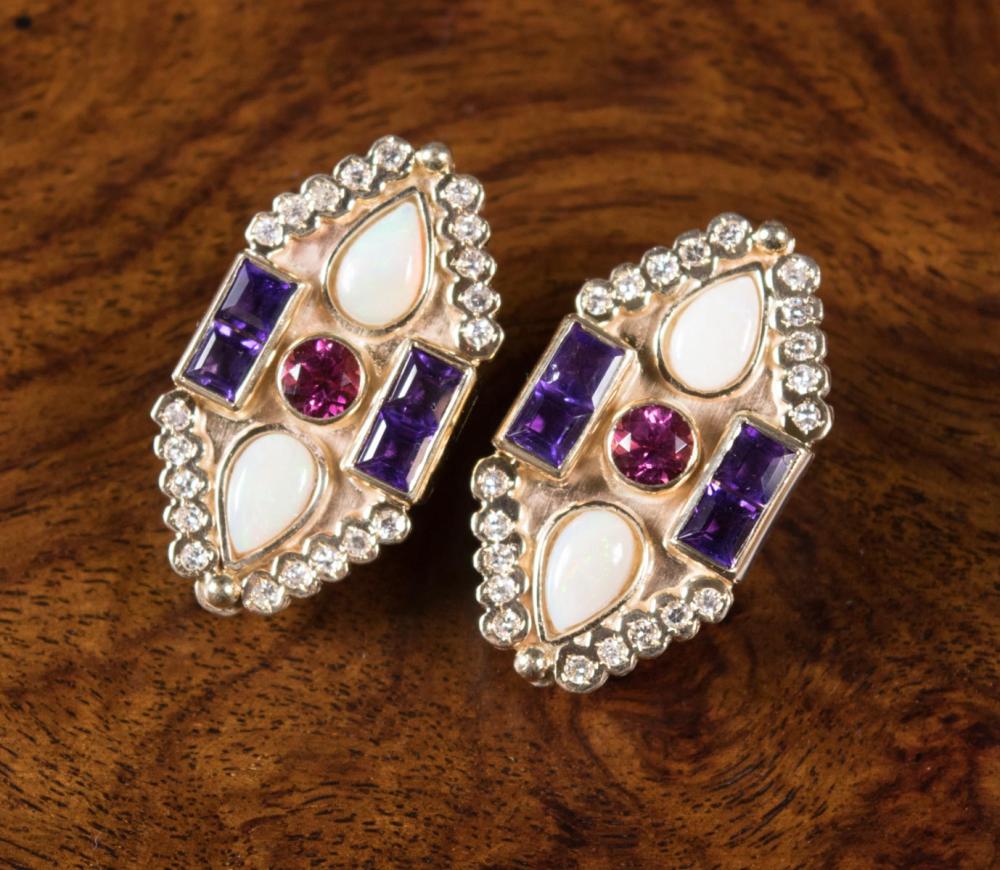 Appraisal: PAIR OF OPAL TOURMALINE AMETHYST AND DIAMOND EARRINGS each k