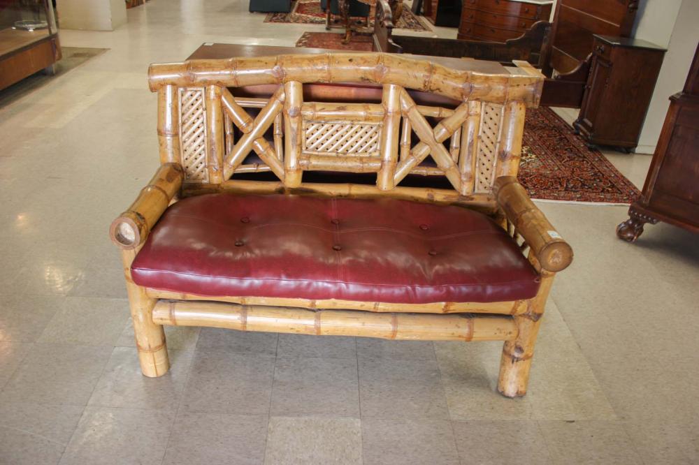 Appraisal: ASIAN TIMBER BAMBOO BENCH fitted with a loose faux burgundy