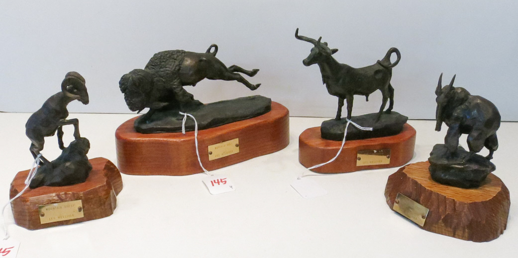 Appraisal: FOUR LES WELLIVER AMERICAN B ORIGINAL BRONZE ANIMAL SCULPTURES H