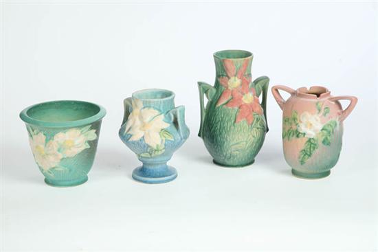 Appraisal: FOUR PIECES OF ROSEVILLE Two vases in the Clematis pattern