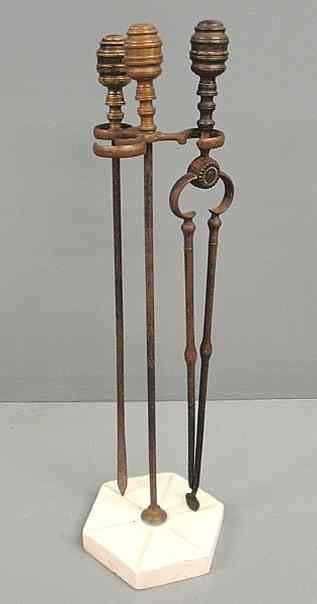 Appraisal: Set of brass and iron fireplace tools early th c