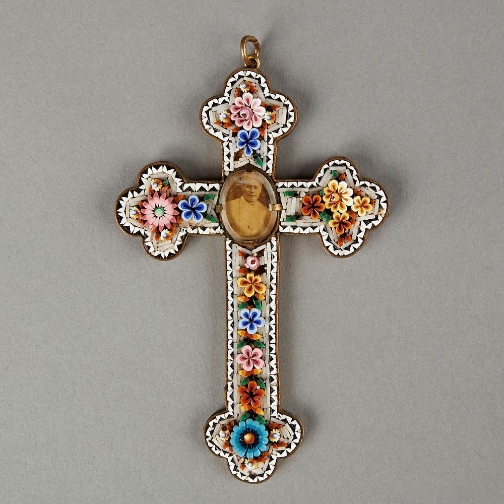 Appraisal: Italian Micromosaic Pope Pius X Cross Pendant Italian micromosaic and