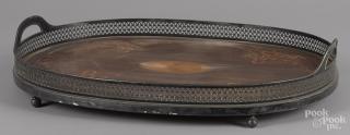 Appraisal: Inlaid mahogany tea tray late th c with a silver-plated