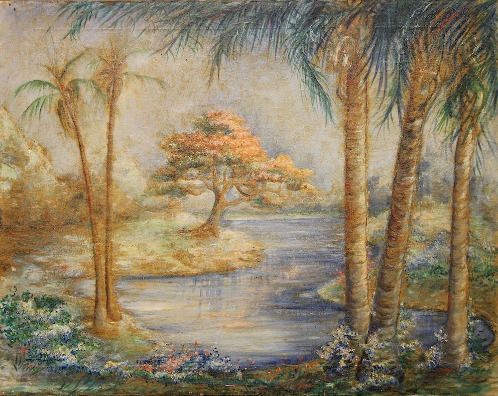 Appraisal: Vintage Painting of a Lush River Landscape Vintage Painting of