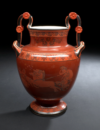 Appraisal: Northern European Pompeian-Red-Glazed Creamware Two-Handled Garniture Vase fourth quarter th