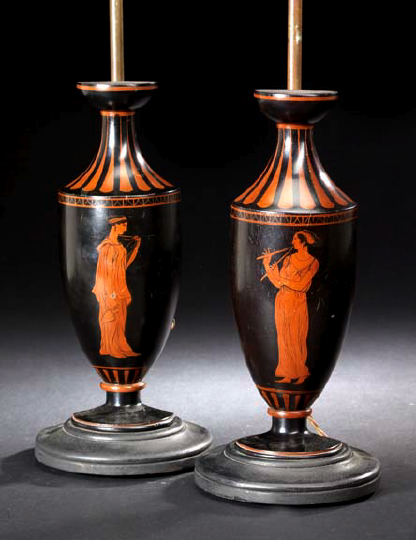 Appraisal: Pair of French Red Figure-Painted Black Wooden Demi-Vases in the