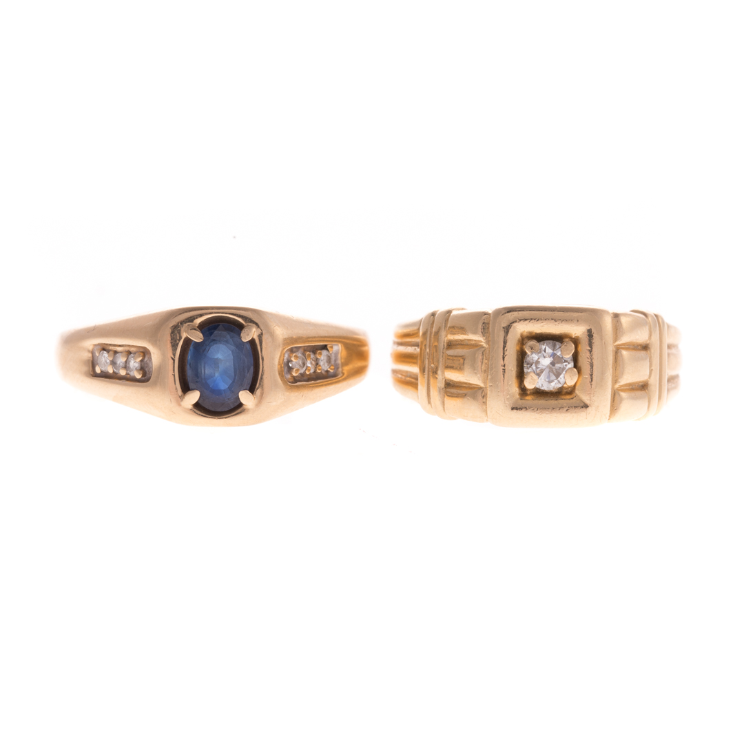 Appraisal: Two Gentlemen's Rings with Sapphire Diamonds K yellow gold ring