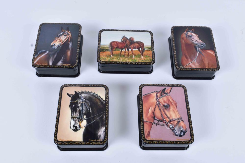 Appraisal: FIVE RUSSIAN THOROUGHBRED TRANSFER WARE LACQUER BOXESContemporary Signed Four with