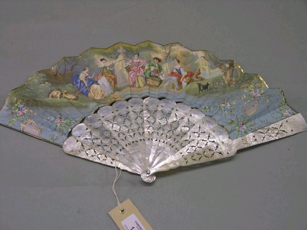 Appraisal: A mother of pearl fan finely painted with figures at